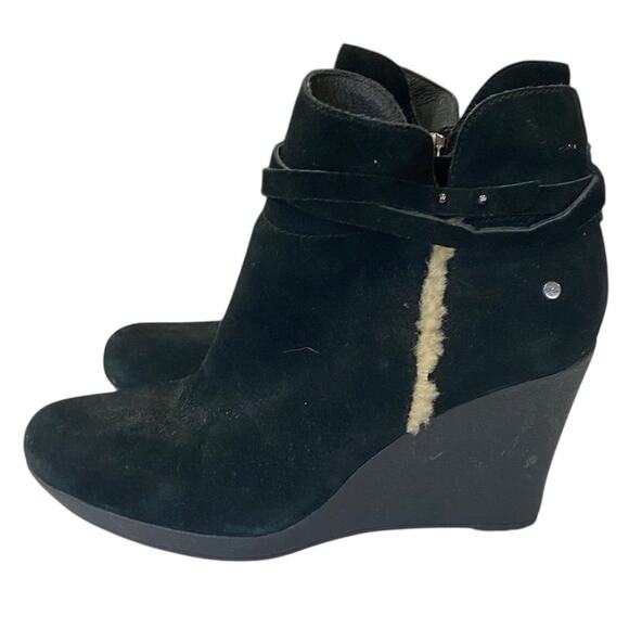 UGG Australia  Alexandra Suede Wedge Black/Cream Fur Trim Boots - Size 7.5 - Picture 8 of 8